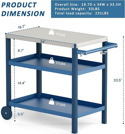 TORVA Outdoor Prep Grill Cart, Honeycomb Style Wear-Resistant Tabletop with High Load-Bearing Portable BBQ Cart, HDPE Durable Frame 3-Tier Storage Table, Navy Blue
