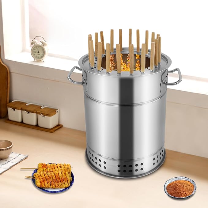 Portable Charcoal Grill, Compact Smokeless BBQ Charcoal Grill Stainless Steel Charcoal Kebab Grill, 360° All-Round Roasting BBQ Stove for Outdoor Cooking, Camping, Picnic, Backyard (20 Skewers)