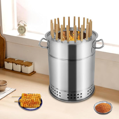 Portable BBQ Charcoal Grill Stainless Steel Charcoal Barrel Grill Small Surround Charcoal kebab Grill for Picnics Camping Traveling Parties (20 Skewers)