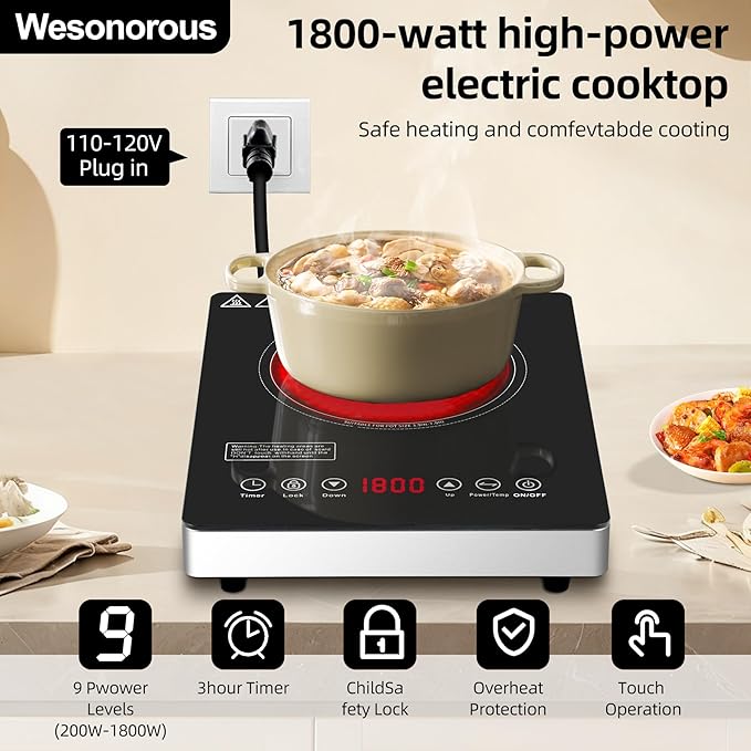 Single Burner Electric Cooktop,110V 1800W Electric Stove Top with LED Touch Control,9 Power Levels, 3 hTimer, Safety Lock, portable cooktop Overheat protection