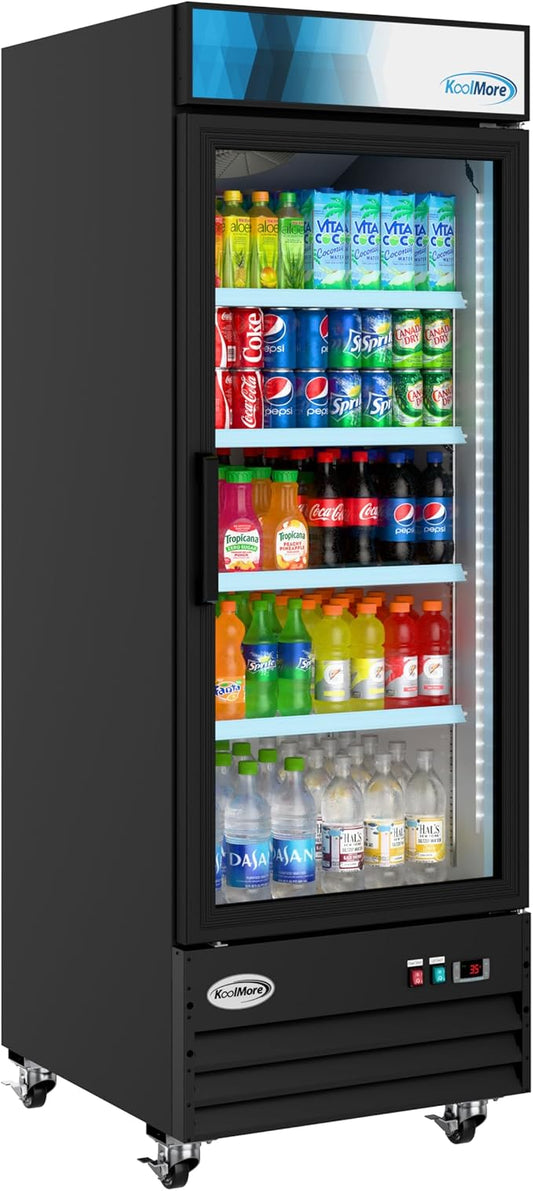 KoolMore MDR-1GD-23C Commercial Glass 1 Door Display Refrigerator Merchandiser - Upright Beverage Cooler with LED Lighting - 23 Cu. Ft., Black