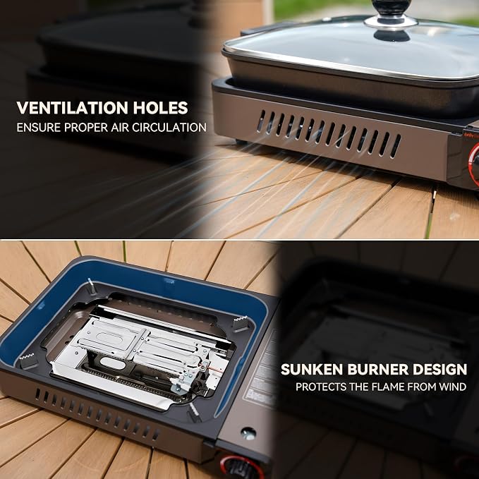 Portable Propane Gas Stove with Grill Pan and Lid | Butane Camping Stove Instant Ignition for Patio Backyard Home Cooking Camping RV Tailgating Emergency Use, GS349