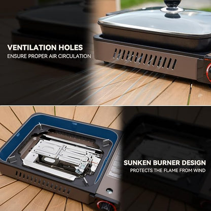 Portable Propane Gas Stove with Grill Pan and Lid | Butane Camping Stove Instant Ignition for Patio Backyard Home Cooking Camping RV Tailgating Emergency Use, GS349