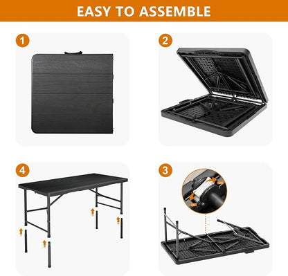 4 Ft Folding Table Wood Grain & 350lbs Weight Capacity 2 PC | Plastic Folding Table Heavy Duty Portable Table for Indoor & Outdoor Premium Solutions for Camping,Picnic,BBQ and Party