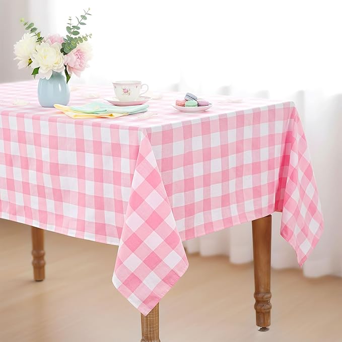 B-COOL Pink Plaid Tablecloth Checkered Fabric Cover 56x120 Inch Table Cloths, Valentines Party Picnic Decorative Gingham Tablecloths, Sturdy Rectangle Pink and White Checkered Cover Decorations