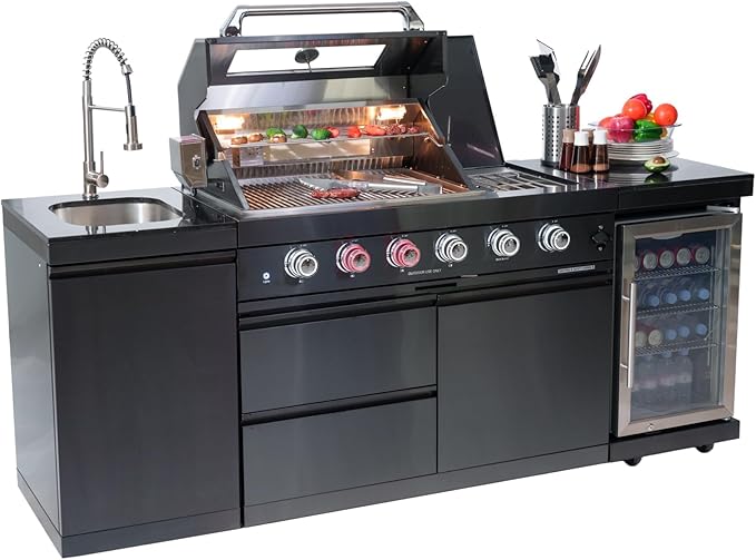 85in Modular Outdoor Kitchen Bar, 4 Burner 72000 BTU Deluxe Stainless Steel Gas Barbecue Island Kitchen for Backyard Cooking w BBQ Grill, Refrigerator, Rotisserie Kit, Countertops, Cabinets, Sink