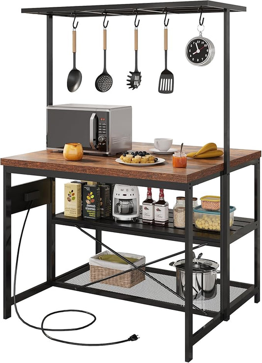 Garvee 47 in Kitchen Island with Power Outlets - Mobile Bakers Rack with 3 Shelves, Microwave Stand & 5 Hooks, 400 LB Capacity (Brown)