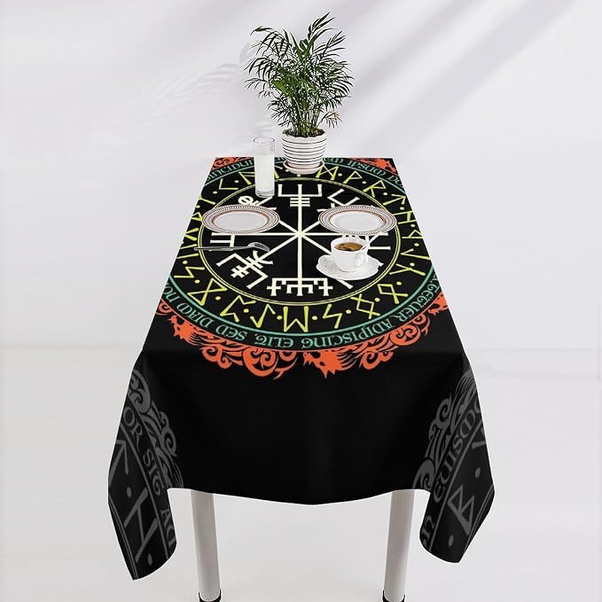 Vintage Viking Pattern Tablecloth, Viking Ancient Runic Helmet of Awe Seasonal Table Cloth Waterproof Wipeable Table Cover for Picnic Holiday Party Kitchen Dining 60x120