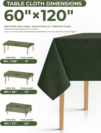 Decorelia Waterproof Faux Linen Rectangle Tablecloth, Spillproof Wrinkle Free Outdoor Reusable Table Cloth for Patio,Holiday,Banquet,Party,Buffet Dinner (Oblong,60 x 120 Inch (10-12 Seats),Dark Green)