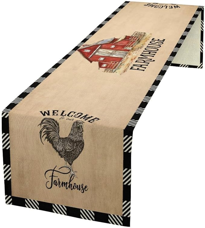 Farm Animals Table Runner, Rustic Farmhouse Cow Pig Rooster Watercolor Coffee Table Center Decor for Home Kitchen Dining Dinner Indoor Holiday Farmhouse Decor 13x36 Inch