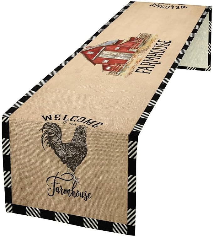 Farm Animals Table Runner, Rustic Farmhouse Cow Pig Rooster Watercolor Coffee Table Center Decor for Home Kitchen Dining Dinner Indoor Holiday Farmhouse Decor 13x60 Inch