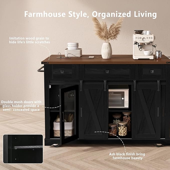 Merax Farmhouse Rolling Kitchen Island on Wheels with Drop Leaf Table & Power Outlet, Wood Kitchen Cart on Wheels with Spice Rack, Glass Holders, 3 Drawers & Cabinet, 58" Wide Black