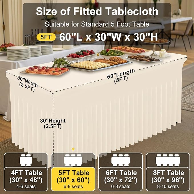 Smiry Spandex Elastic Fitted Table Cloth Skirt for 5FT Rectangle Table | Stretch Washable Table Cloth, Banquet Table Cover for Wedding, Party, Indoor & Trade Shows, (Beige, 60Lx30Wx30H)