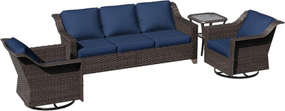 4 Pieces Patio Conversation Furniture Set - 1 Sofa, 2 Swivel Chairs, 1 Side Table, Outdoor Wicker Furniture with Removable Cushions for Porch, Balcony, Sunroom (Blue)