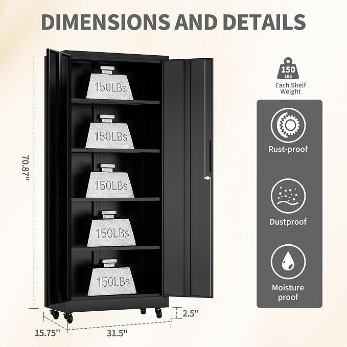 73" H Metal Cabinet with Wheels, Lockable Storage Cabinet, Black | Cabinets with 2 Doors and 4 Adjustable Shelves, Steel Garage Storage Cabinets for Workshop Home Office, 73"H x 16"D x 32"W