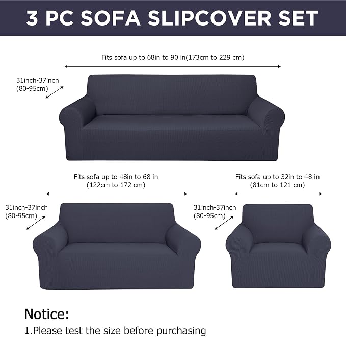 Peryiter 3 Pcs Couch and Loveseat Sofa Covers,Dark Gray,Fleece | Armchair Covers for Living Room, Sofa Cushion Slipcover, Furniture Protector, Polyester and Spandex, Washable