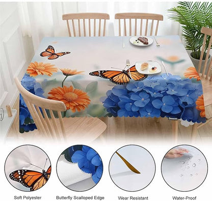 Decorative Rectangle Tablecloth 52"X70" Butterflies, Floral Daisies Butterfly Wrinkle Free Table Cover Picnic Table Cloths for Parties Weddings Kitchen Tablecloth, Blue