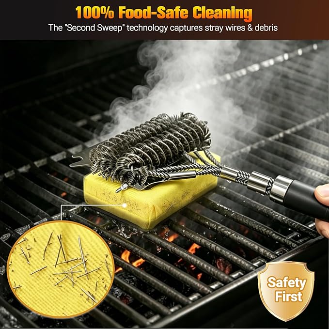 Magnetic 3-in-1 Grill Brush with Power Press Handle & Lock - 18" Detachable BBQ Cleaner for Heavy Duty Grime, Bristle-Safe Sponges, Ideal BBQ Gift for Men/Dad - Black