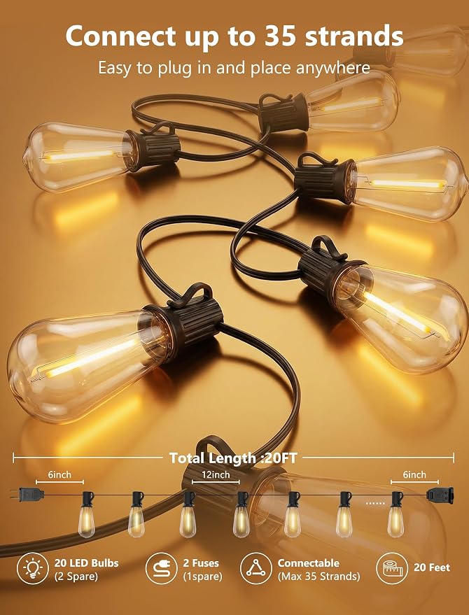 20FT ST40 LED Outdoor String Lights with 22 Shatterproof Vintage Edison Bulbs, Patio String Lights Waterproof for Backyard Porch Garden Balcony Party Bistro Decorations,2700K Warm White, Black Wire