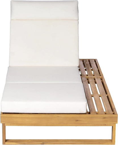 Merax 4-Piece Teak Finish Acacia Wood Chaise Lounge with 4-Inch Cream 4-Fold Cushion Set, Adjustable Outdoor Patio Lounger with Flat Side Surface, for Poolside