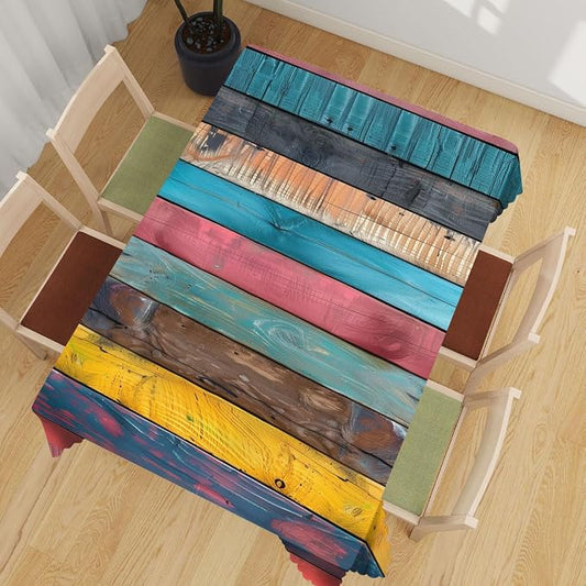Wood Grain Table Cloth Rectangle Tables Rustic Vintage Colorful Rainbow Stripes Rectangle Tablecloth Picnic Table Cover BBQ Table Cloths Polyester for Kitchen Coffee 52" x 70" 4-6 Seats