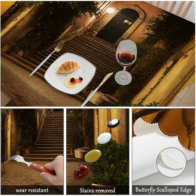 Swono Old Courtyard Rectangle Tablecloth Italy Houses Street Night Cityscape Table Cloth Dining Table Cover for Home Kitchen Restaurant Party Buffet Picnic, 52x70 Inch