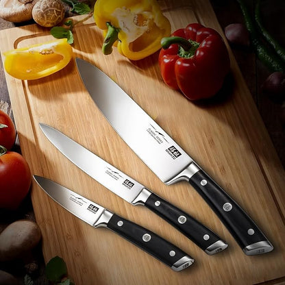 SHAN ZU Kitchen Knife Sets 3pcs, Professional German 5Cr15MoV Stainless Steel, High Carbon Steel Knives Sets, Ultra Sharp Ergonomic Wood Handle & Full Tang Design, Gift Box Included