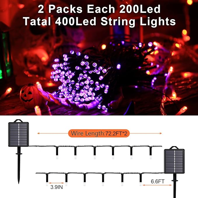 Solar Halloween String Lights, Purple 200Led, Outdoor Waterproof | 2 Pack Total 400Led 144Ft 8 Mode Timer, IP44 Outside Fairy Lights for Tree, Garden, Patio, Lawn, Yard Decorations