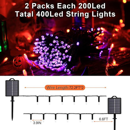 Solar Halloween String Lights, Purple 200Led, Outdoor Waterproof | 2 Pack Total 400Led 144Ft 8 Mode Timer, IP44 Outside Fairy Lights for Tree, Garden, Patio, Lawn, Yard Decorations