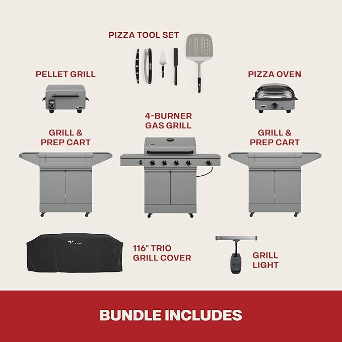 Tytus Anaheim 4-Burner Gas Grill with Two Prep Carts, Pellet Smoker, and Pizza Oven with Cover, Light, and Pizza Tool Kit - Modular Outdoor Kitchen, Quick Assembly, Grill for Outdoor Cooking