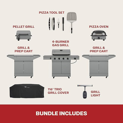 Tytus Anaheim 4-Burner Gas Grill with Two Prep Carts, Pellet Smoker, and Pizza Oven with Cover, Light, and Pizza Tool Kit - Modular Outdoor Kitchen, Quick Assembly, Grill for Outdoor Cooking