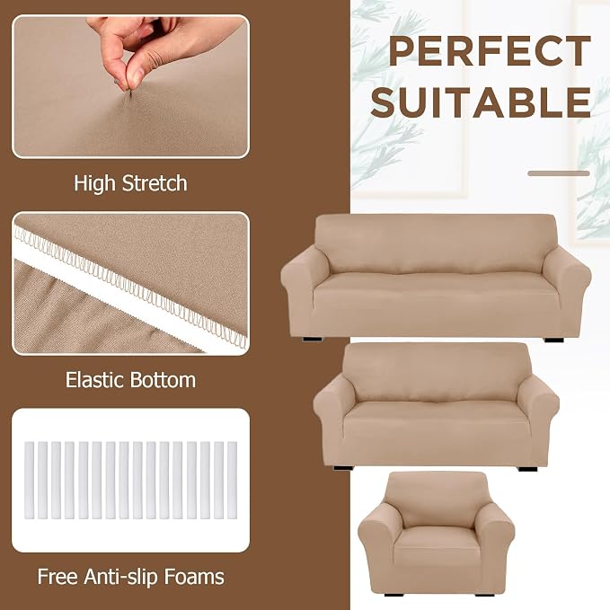 Peryiter 3 Pcs Couch and Loveseat Sofa Covers,Sand,Milk Silk | Armchair Covers for Living Room, Sofa Cushion Slipcover, Furniture Protector, Polyester and Spandex, Washable