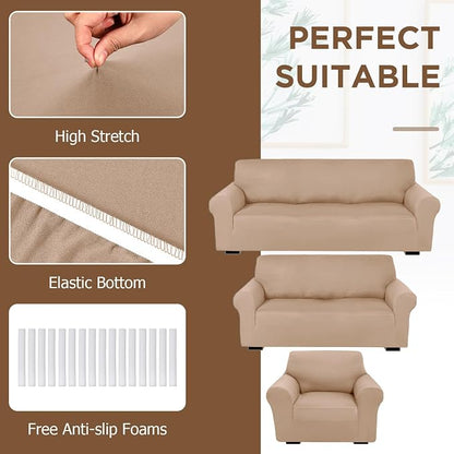 Peryiter 3 Pcs Couch and Loveseat Sofa Covers,Sand,Milk Silk | Armchair Covers for Living Room, Sofa Cushion Slipcover, Furniture Protector, Polyester and Spandex, Washable