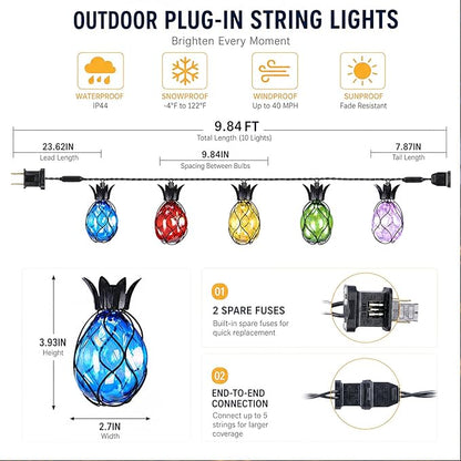 Vigdur Pineapple String Lights - Outdoor Patio Lights Plug in with 10 Pineapple Bulbs Connectable, Indoor String Light for Bedroom Bistro Tiki Decor(10FT
