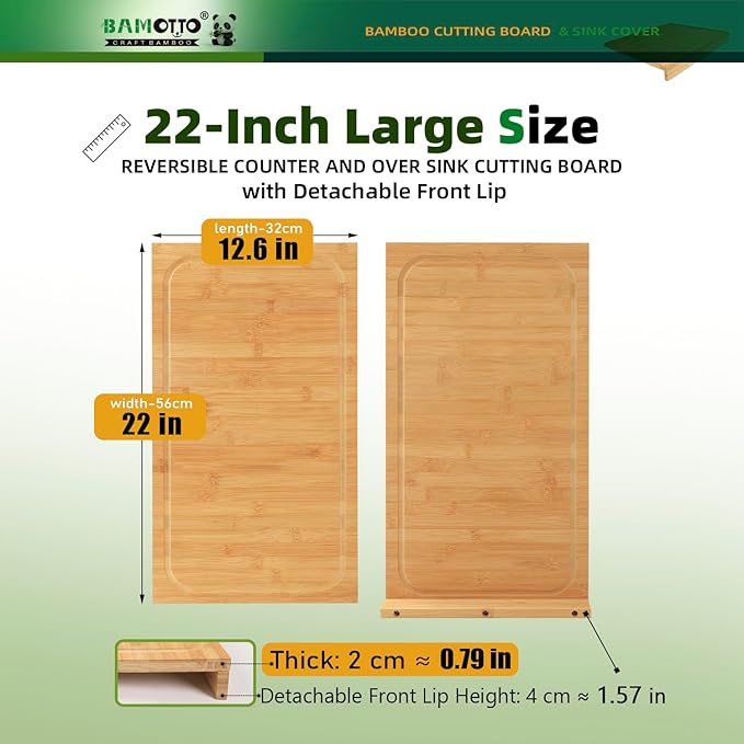 BAMOTTO CRAFTBAMBOO 12.6x22 Inch Bamboo Cutting Board, Over Sink Stove Cover, Detachable Non-Slip Front Lip, Reversible Dual Juice Grooves, Countertop Extension for Small Kitchen RV Camper, 6.04 lbs