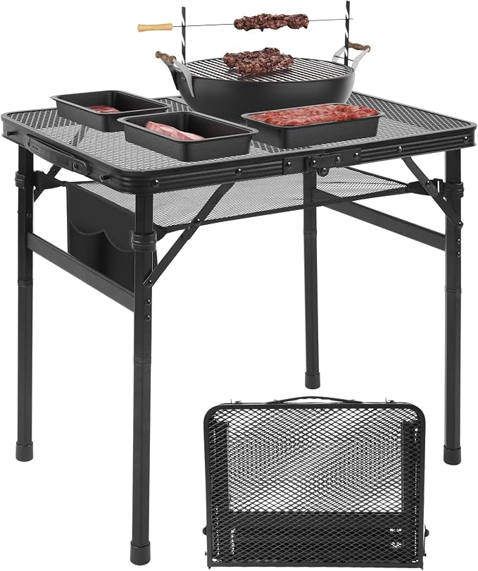 Camping Portable Folding Matel Grill Table,2x1.3 FT | Lightweight Height Adjustable Metal Picnic Outdoor Table with Mesh Desktop and Mesh Bag, Picnic, Beach and BBQ, Party