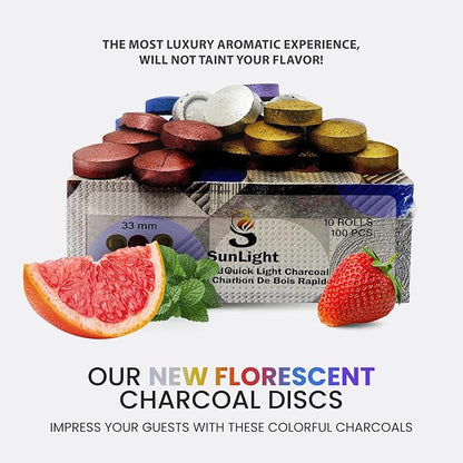 Sunlight Colors - Charcoal Tablets for Incense – Quick Light Charcoal Tablets – Incense Charcoal for Parties – 33 mm Resin Burner Rolls – Pack of 100 Coal Briquettes - No Scent - No Smoke -