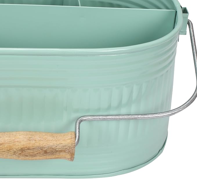 Alpha Living Home Farmhouse Utensil Caddy Carry-All Serveware-Galvanized Metal Organizer for Kitchen Counter-Comfort Wooden Handle In/Outdoor Storage For Flatware,Condiments,Party Cutlery,Arts-TEAL