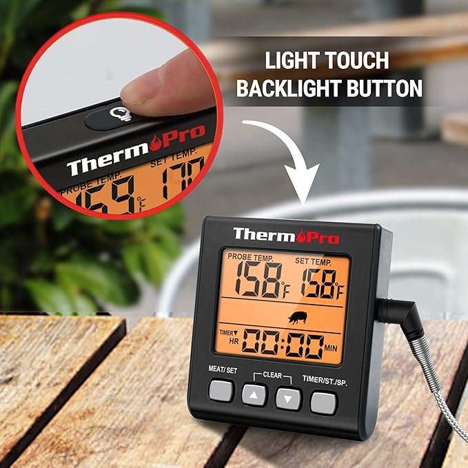 ThermoPro TP16SW Digital Meat Thermometer for Cooking and Grilling, BBQ Food Thermometer with Backlight and Kitchen Timer, Grill Temperature Probe Thermometer for Smoker, Barbecue, Oven, Black