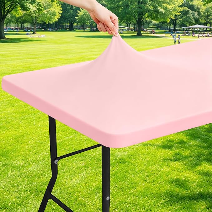 Moosfor Spandex 4 Foot Rectangle Table Cloth, Elastic Fitted Tablecloths for Picnic, Stretch Washable Patio Table Cover for Outdoor, Camping, Banquet and Parties (Pink, 30"x48")
