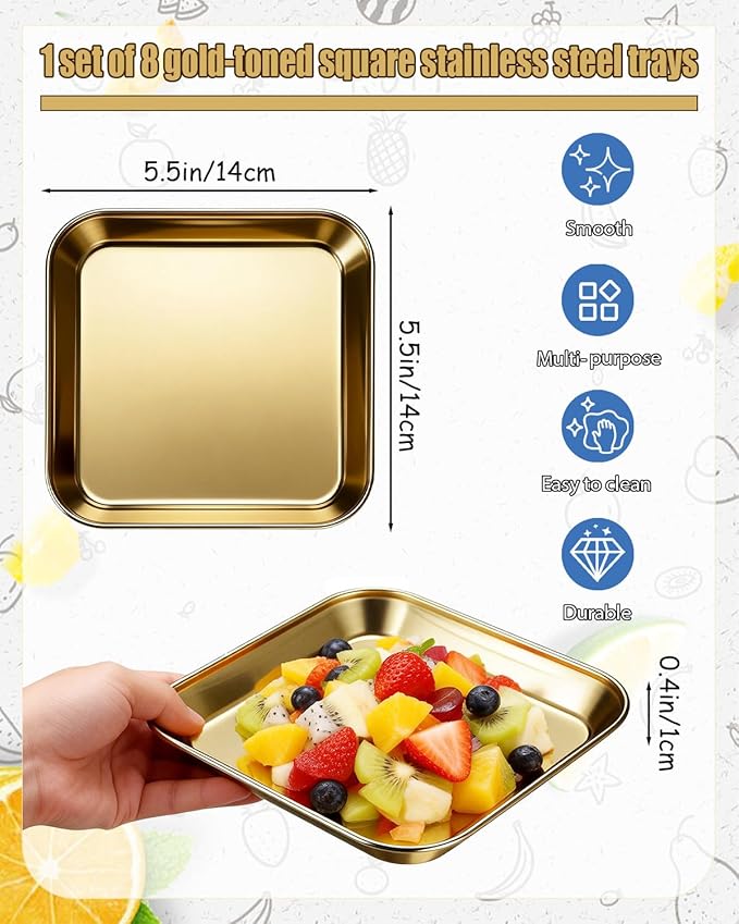 Stainless Steel Barbecue Plates,8 Pack 5.5 x 5.5 Inch Rectangular Grill Tray, Thickened Flat Bottom Korean BBQ Tableware, Golden Vegetable Dish for Sizzling or Camping Use