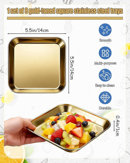 Stainless Steel Barbecue Plates,8 Pack 5.5 x 5.5 Inch Rectangular Grill Tray, Thickened Flat Bottom Korean BBQ Tableware, Golden Vegetable Dish for Sizzling or Camping Use