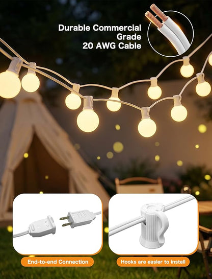 SUNSGNE 25FT G40 LED Outdoor White String Lights with 27 White Solid Shatterproof Globe Bulbs (2 Spare), Outdoor Hanging Edison Lights for Room Café Bistro Pergola Tents, White Wire
