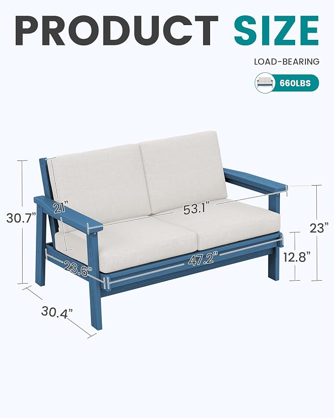 SERWALL Patio Furniture Set with 33” Fire Pit Table, HDPE Outdoor Sectional Sofa Set with Thickened Cushions, Blue Frame with Khaki Cushions