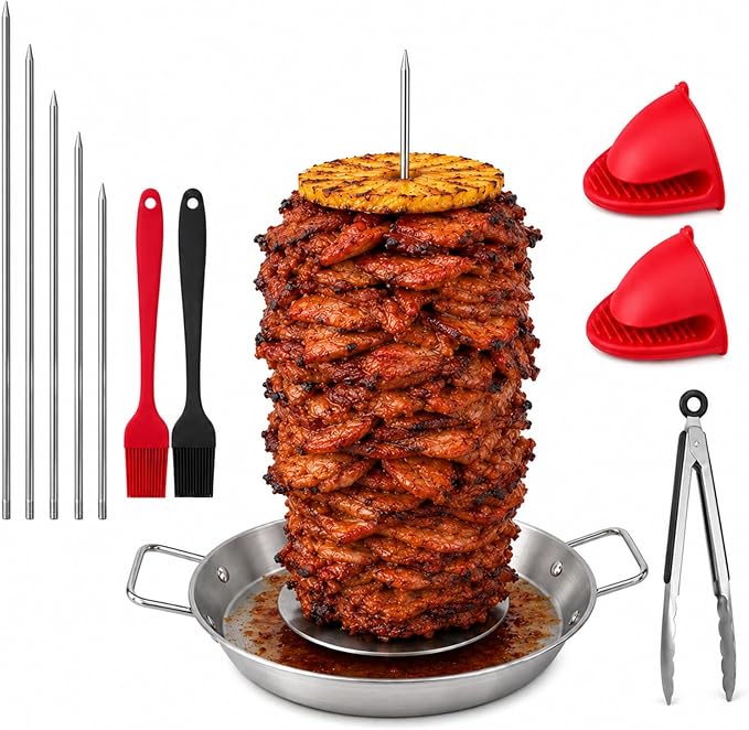 Al Pastor Skewer for Grill, 10 Inch Stainless Steel Vertical Skewer Pan with 5 Spikes, Grease Separator Tray, Tongs, Gloves & Basting Brushes, Shawarma Gyro Kebab Stand for Oven Smoker BBQ