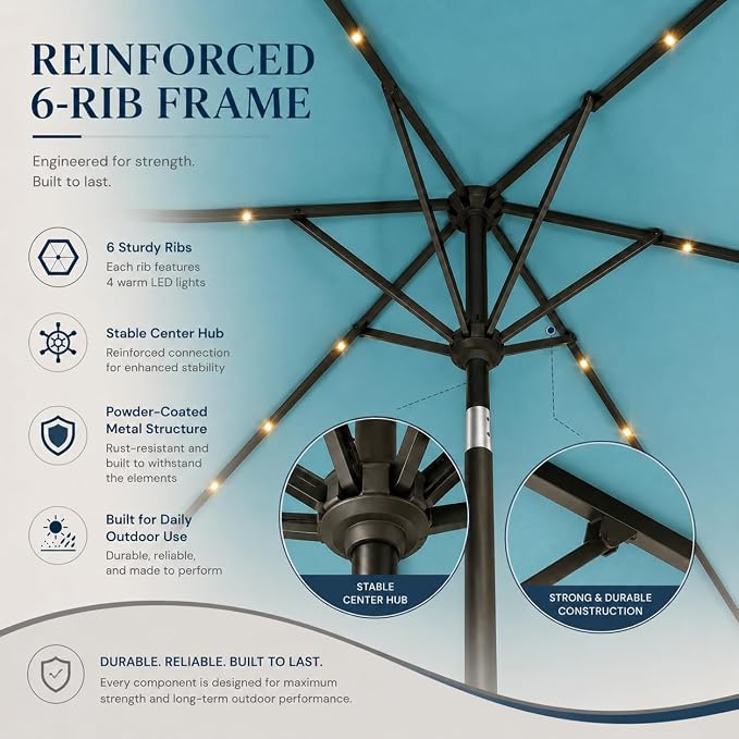 6.5 x 10ft Rectangular Patio Umbrella with Solar Lights, 16 LED Lighted Market Umbrella with Push-Button Tilt and Crank, 6 Sturdy Iron Ribs for Garden, Deck, Pool, Sky Blue