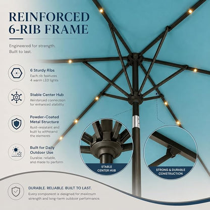 6.5 x 10ft Rectangular Patio Umbrella with Solar Lights, 16 LED Lighted Market Umbrella with Push-Button Tilt and Crank, 6 Sturdy Iron Ribs for Garden, Deck, Pool, Sky Blue