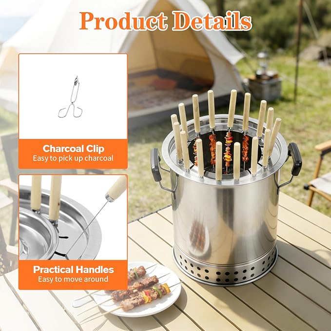 Smokeless Charcoal Hanging Grill, Stainless Steel Mini Kebob Grill with 16 Skewers, Portable Surround Charcoal kebab Grill for Home Party Outdoor Camping