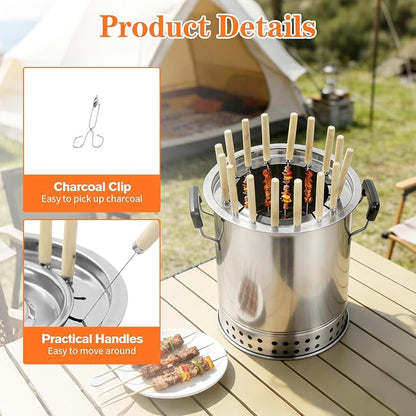 Smokeless Charcoal Hanging Grill, Stainless Steel Mini Kebob Grill with 16 Skewers, Portable Surround Charcoal kebab Grill for Home Party Outdoor Camping