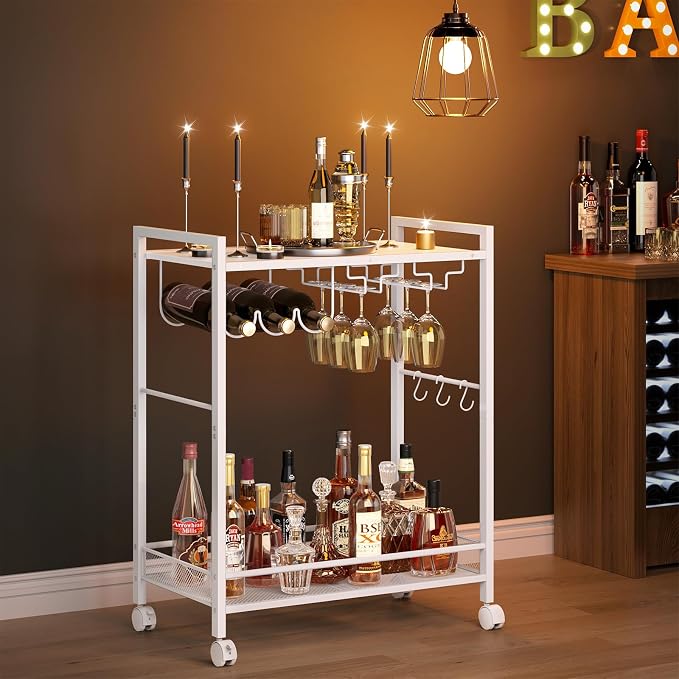 Joaxswe Bar Cart,2-Tier Home Bar Serving Cart with Lockable Wheels,White | Microwave Cart,Mobile Kitchen Shelf,Rolling Beverage Cart with Wine Rack and Glass Holder for Kitchen,Dinning Room